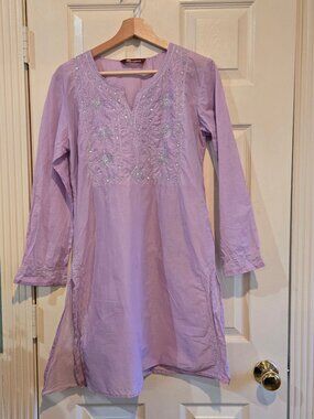 100% Cotton Tunic Lavender Dress Silver Embroidery Boho Beach Cover Up S/M